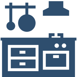 Kitchen icon with stove and utensils.