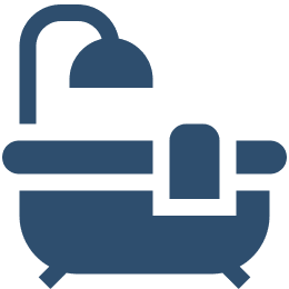 Bathtub icon with shower and towel.