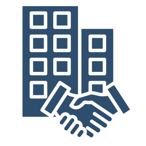 Buildings and handshake icon on black background.