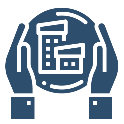 Hands protecting buildings in a circle.