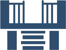 Blue abstract building logo on black background.